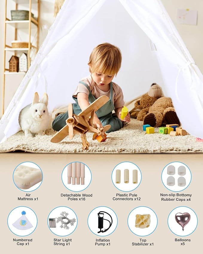 Teepee Tent for Kids with Inflatable Airbed, String Lights, Balloons, Pump, Washable Slumber Party Tent with Size 65"x51"x71", Playhouse Tent for Playtime and Sleepover