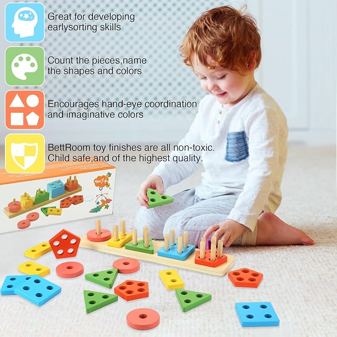 Toddler Toys for 1 2 3 4 5 6 Year Old Boys Girls Birthday Gifts,Montessori Wooden Educational Toys for Kids Learning Puzzles Shape Sorter Toy