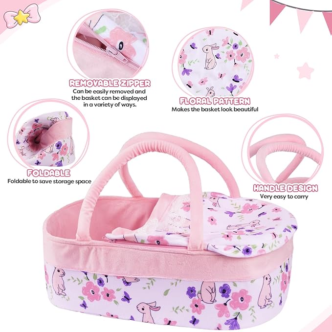 BABESIDE 8 Pcs Reborn Baby Doll Clothes with Bassinet for 17-22 Inch Baby Dolls, Baby Dolls Clothes Doll Accessories Set with Bunny Toy for Newborn Baby Dolls Girl (Not Doll)