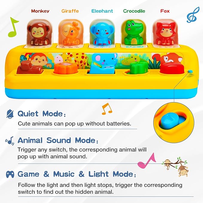 Interactive Pop up Animal Toys with Music & Light, Montessori Cause and Effect Toys for 1 Year Old Boy Girl Early Learning Musical Baby Toy 9-12-18 Months STEM Toddler Toy Age 1-2 Gift for Infant