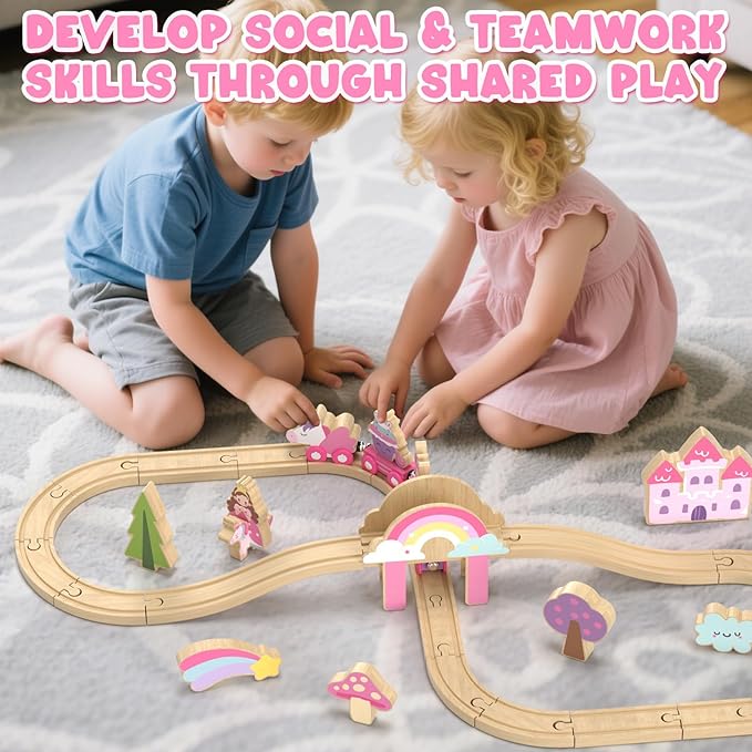 Lehoo Castle Wooden Train Set, Train Set for Toddlers 2-4, Wooden Train Track for Girls, Unicorn Toys for Girls Age 4-6, Toys for 3 4 5 6 Year Old Girl