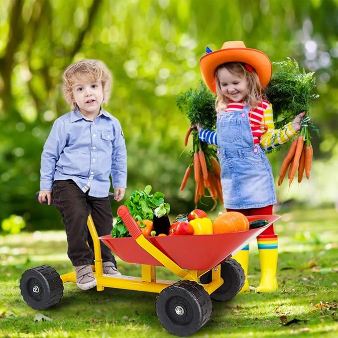 Costzon Kids Ride-on Sand Dumper, Children Outdoor Sandbox Toy w/Ergonomic Handle & 4 Wheels, Heavy Duty Steel Digging Metal Garden Play Tool for Boys Girls, Kids Wheelbarrow (Red)