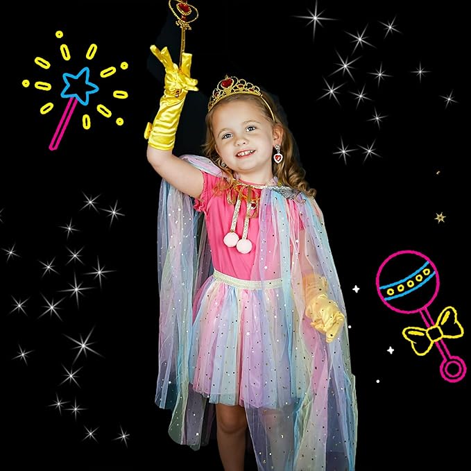 Princess Cape Set for Little Girl, 11PCS Princess Dress Up Clothes Cape Clock with Skirt for Girl 3-8 Birthday Gift