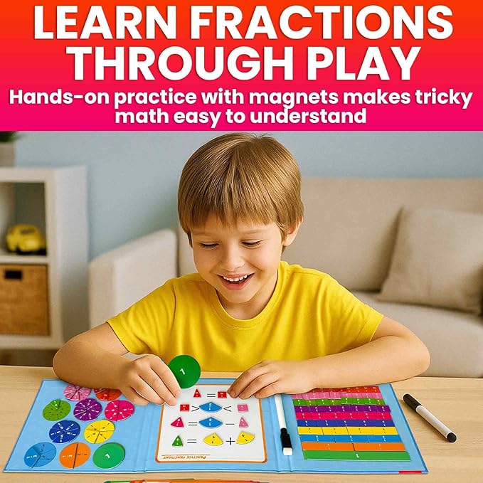 QUOKKA Magnetic Fractions Learning Set for Kids Ages 6-12 – Hands-On Math Games for Homeschooling, Classrooms & Travel – 110 Magnets, 12 Task Pages, Marker – Montessori Educational Toy Puzzles