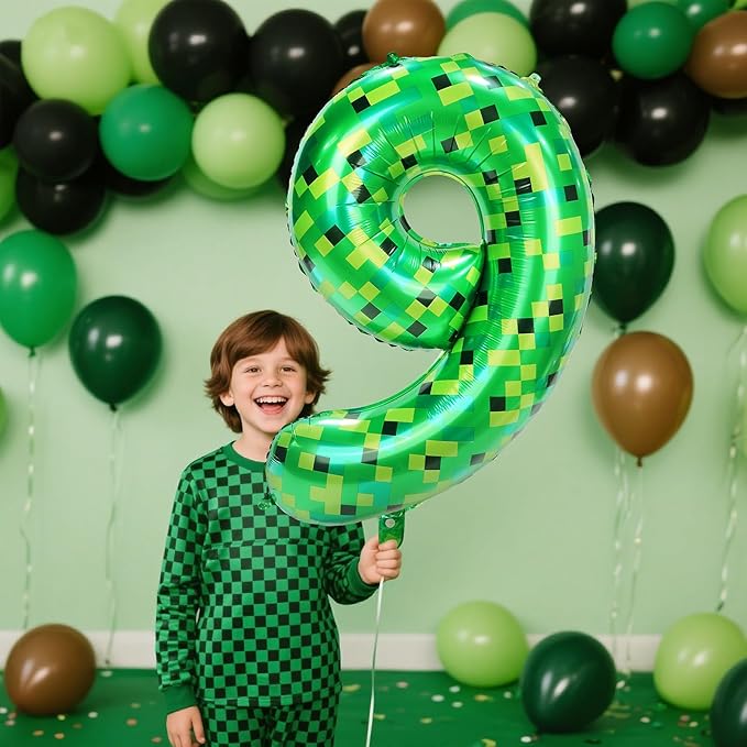 40in Pixel Giant Number 9 Balloon Birthday Decorations, Miner Theme Green Foil Balloons Blast Gaming Party Supplies