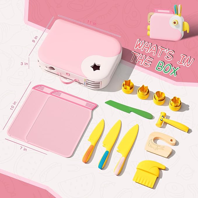 Montessori Kitchen Tools for Toddlers,Kids Knife for Real Cooking,Toddlers Knife Set with Storage Box Kids Safe Knives Children Cutting Set and Peeler,Montessori Toys for Kitchen Set -Pink