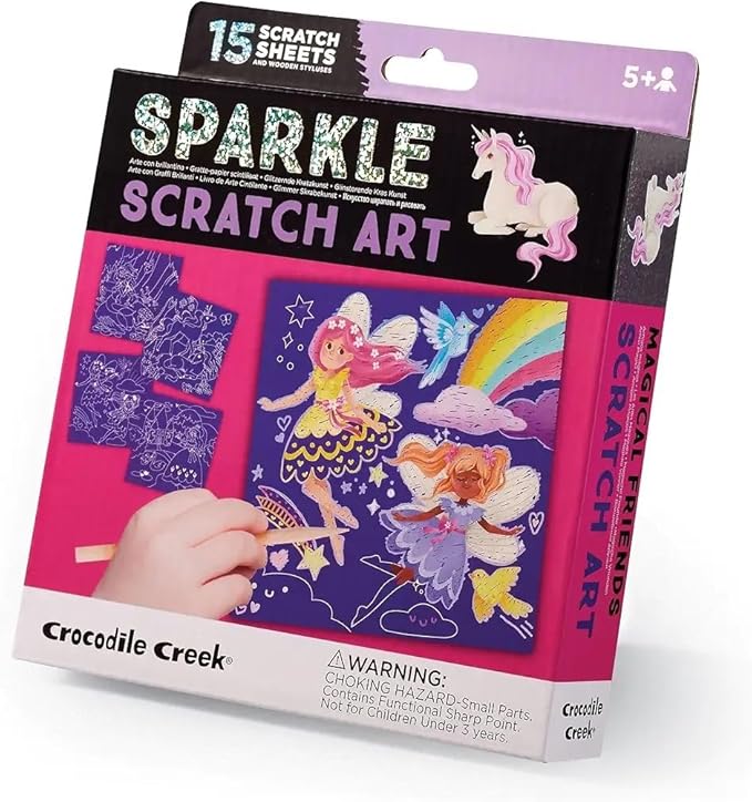 Crocodile Creek Magical Friends Sparkle Scratch Art for Kids - 16-Sheet Scratch Art Set with 10 Themed Sheets, 5 Blank Sheets, Stencil, and Stylus - Thoughtful Stocking Stuffers, Art Supplies for Kids