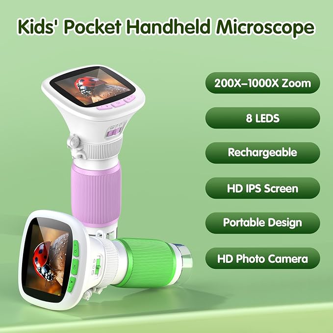 Microscope for Kids, EDCREATY 200X-1000X Portable Pocket Handheld Microscope, 2.4 High-Definition Screen, 200W Pixels for Birthday Christmas Holiday Toys Gifts for 5 6 7 8 9 10 11 12 Kids(White+Green)