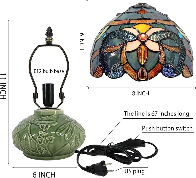 Small Tiffany Lamp Mushroom Table Lamp, Mini Stained Glass Desk Light Memory Sympathy Ceramic lamp 8X11 Inch (Blue Baroque Style)