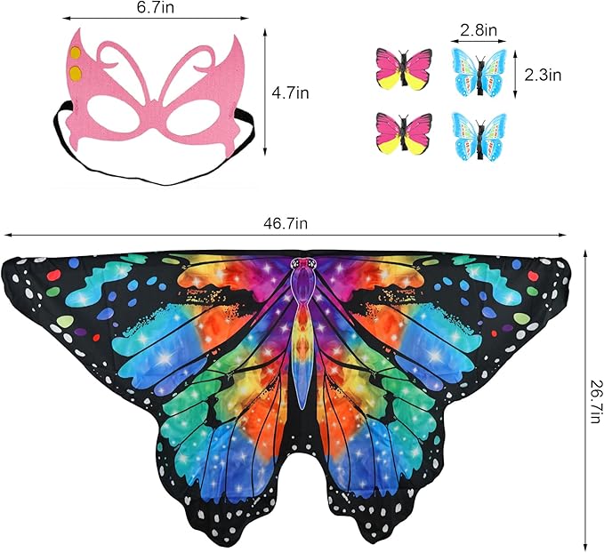 Butterfly Costume for Girls Fairy Wings Kids 4 Pcs(Cape,Skirts,Masks,Hair Clips) Butterfly Wings for Halloween Gifts