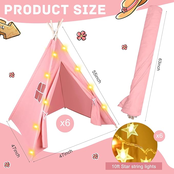 6 Packs Pink Teepee Tent for Kids with 10FT String Lights, Indoor Outdoor Play Teepee Tent for Girls & Boys, Foldable Tents for Birthday Party Boho Sleepovers Party Pajama Party