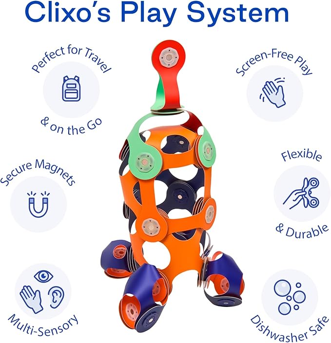 Clixo Mars Station Pack - 48 Magnetic Pieces in14 Shapes. Flexible STEM Building Glow-in-The-Dark Set with All-Terrain Wheels & Galactic Adventure. Build Rovers, Spaceships & Labs. Ages 6+