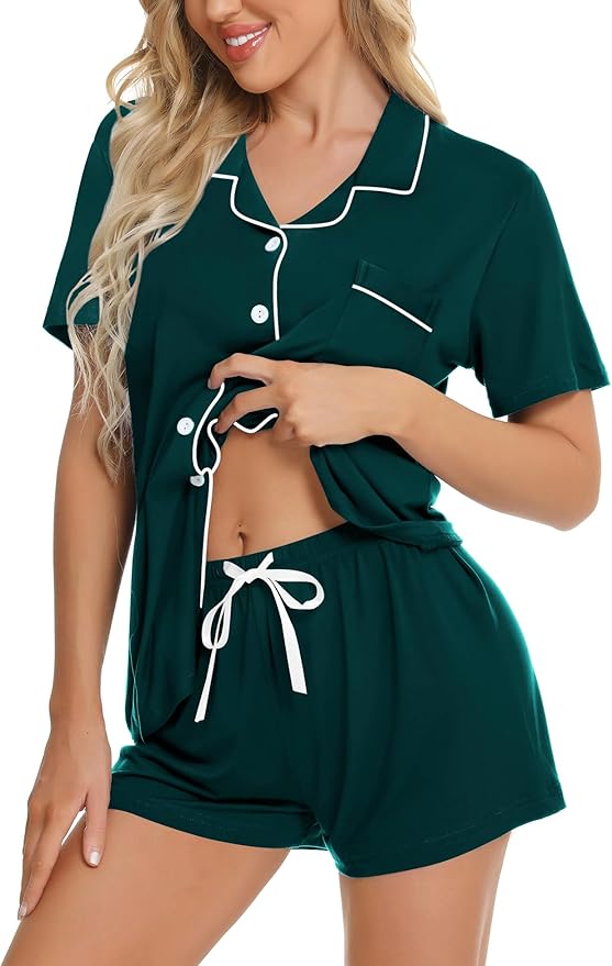 SWOMOG Womens Button Down Pajamas Set Short Sleeve Sleepwear Bride Soft Pj Lounge Sets XS-3XL