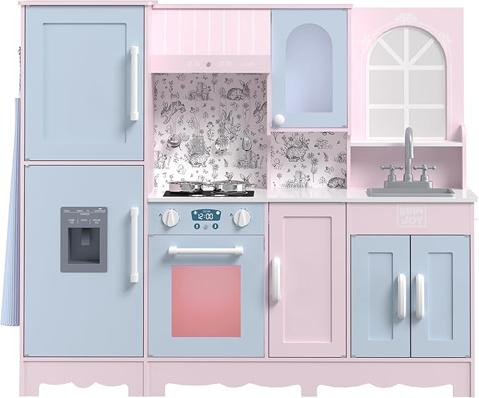 Play Kitchen for Kids, Wooden Kids Kitchen Playset w/Faucet, Sink, Stove, Oven, Window, Cookware, Storage Cabinets, Toddler Role Play Kitchen Pretend Play Toy Set Gift for Girls Boys Ages 3+