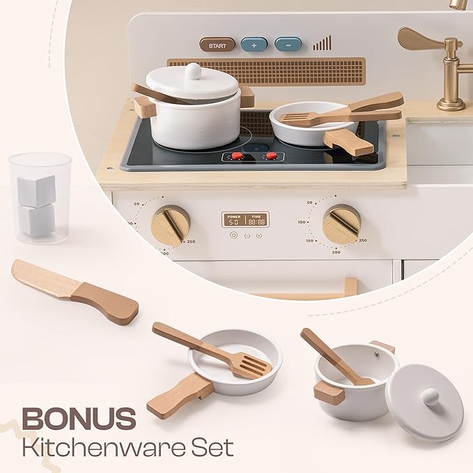 ROBOTIME Play Kitchen for Toddlers, Wooden Kids Play Kitchen Playset with Real Lights & Sounds/Ice Cube Dispenser, Pretend Play Montessori Toy Kitchen, Gift for Ages 3+