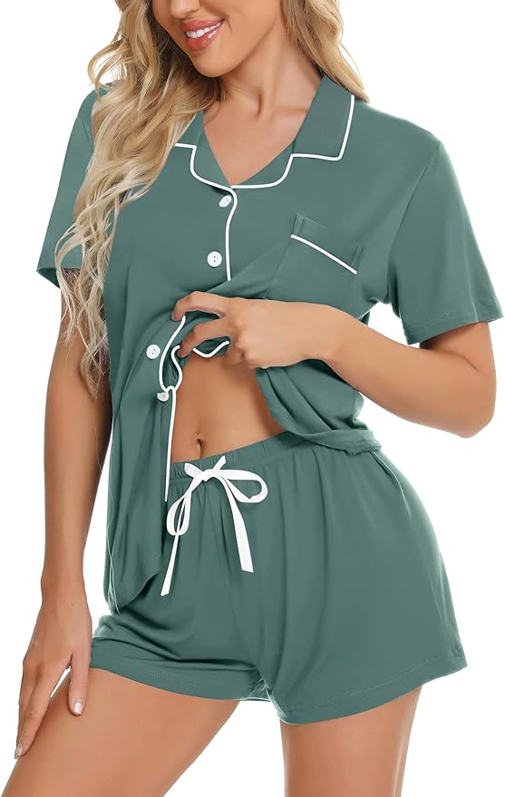SWOMOG Womens Button Down Pajamas Set Short Sleeve Sleepwear Bride Soft Pj Lounge Sets XS-3XL