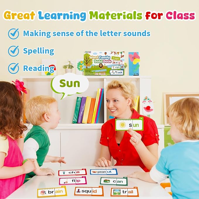 Word Family Build Book, 30 Read and Rhyme Flip Activity Book, ABC Vocabulary Flash Cards CVC Words Reading Games for Kids Ages 3-8 Preschool Learning Activities Families Educational Games