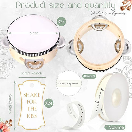 24 Set 6 Inch Tambourine for Adults Wooden Hand Held Drum with Metal Jingles, Gift Tags, White I Love You Printed Ribbon Percussion Gift Musical Instrument for Church Wedding Party Favor