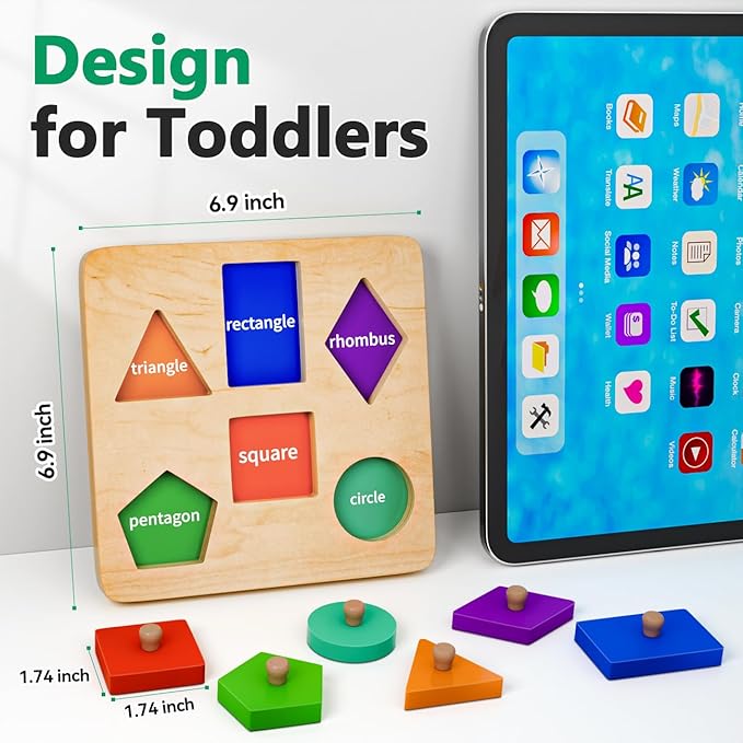 Wooden Shape Peg Puzzles for Toddlers 1 2 Year Old Boys Girls Gifts: Montessori Toys for 1 2 Year Old Toddler Learning Activities - Shape Sorter & Color Match Baby Puzzles 12-18-24 Months