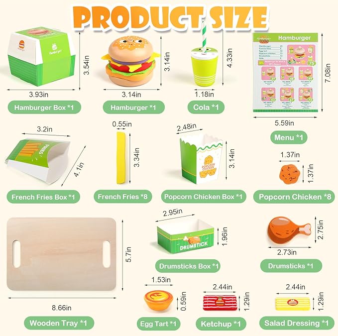 Wooden Hamburger Play Food Set for Kids, Fast Food Playset with Tray, Pretend Play Kitchen Accessories for Toddlers
