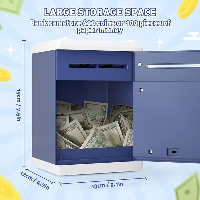 Piggy Bank for Girls Boys Large Electronic Money Coin Banks with Password Protection, Automatic Paper Money Scroll Saving Box, Great Gift for Kids(Blue-White)