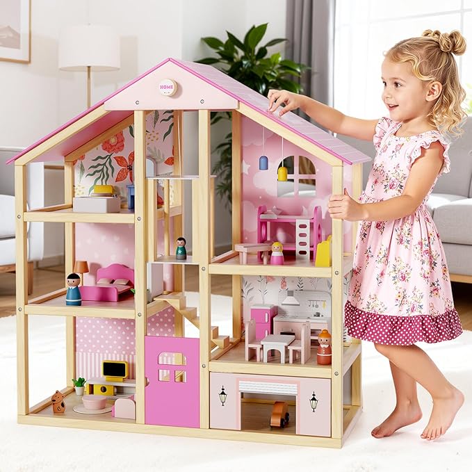 BIERUM Wooden Dollhouse for Girls, Large Pink Wooden Doll House with 39 Furniture Accessories, Elevator & Garage, 5 Rooms Modern Dollhouse for Toddlers, Pretend Play Toy Gift for Kids (Pink)