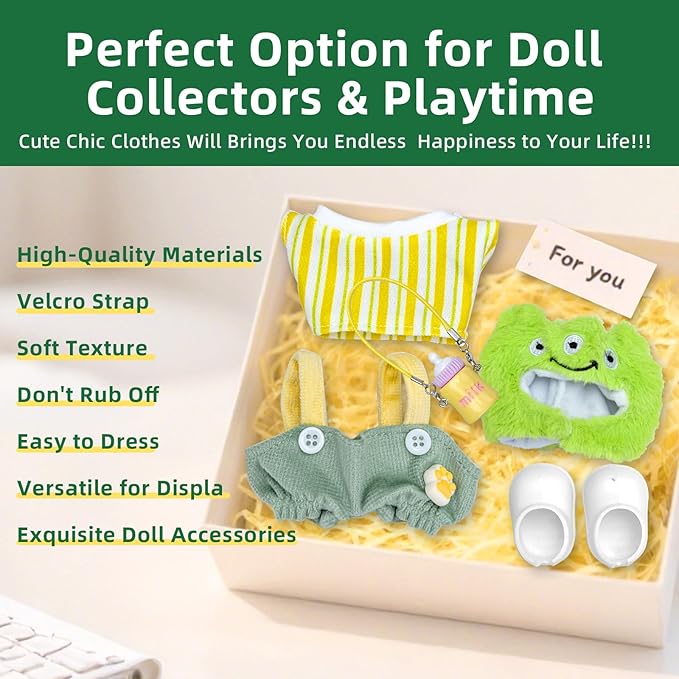 5 Piece Set -Premium Fashion Cute Clothes for 17cm Dolls,Stylish Accessaries Clothes Dress-Up,Includes—Plush Hat + Striped Top + Overalls + Bottle Charm + Shoes (Style K)