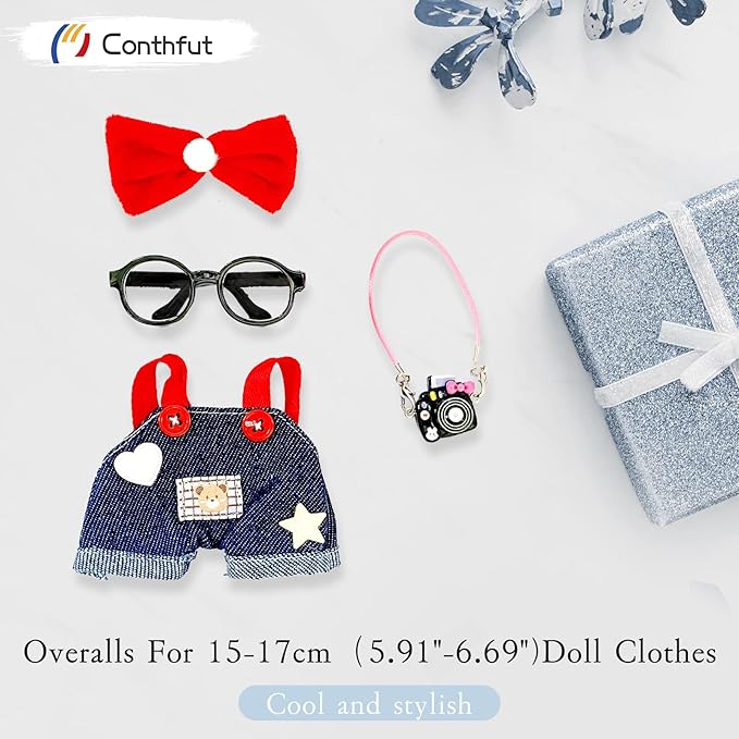 Overalls Doll Clothes,17cm/15cm Dolls Outfit Set,Stylish Clothes Set Dress Up (No Doll) (Blue Overalls Suit+Bow)