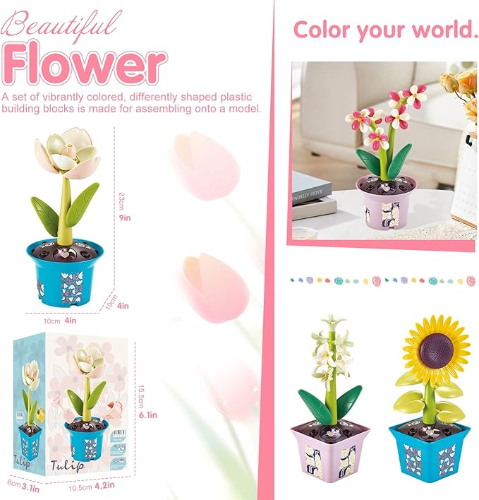 Musical Sunflower Piano Game Machine, Interactive Building Blocks Toy with Watering Can (Tulip)