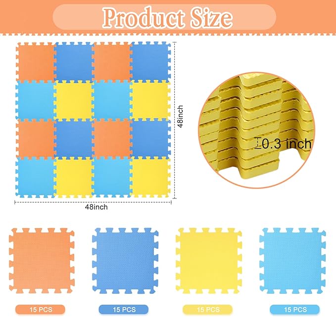 Nuanchu 60 Pcs Kids Foam Puzzle Floor Mat Bulk Solid Color Foam Play Mat with Borders Interlocking Multi Use Floor Rug for Baby Toddler Children 12 Inch (Dark Blue, Light Blue, Orange, Yellow)