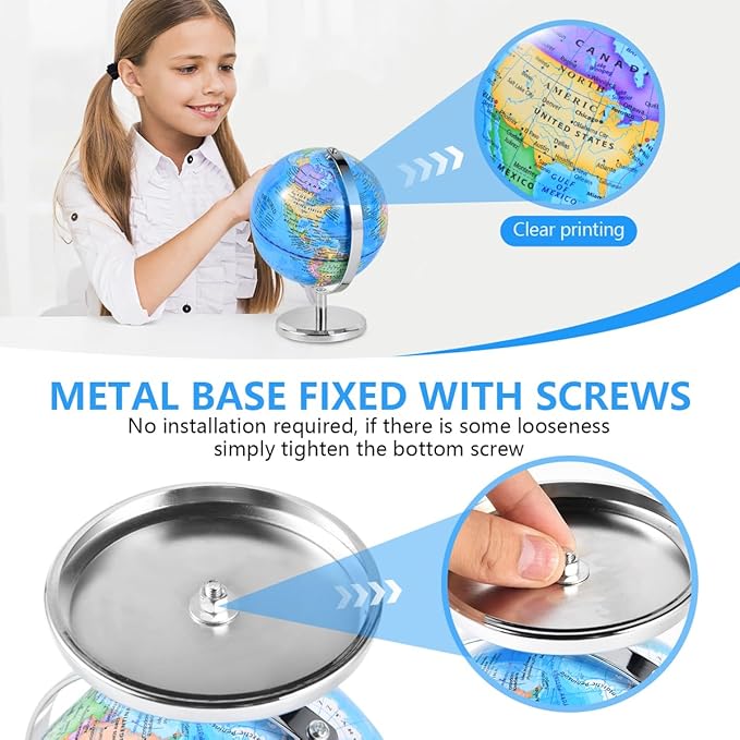 6 Inch World Globe Rotating Earth Spinning Globe with Heavy Metal Stand for Kids Geography Classroom Education or Office Home Decorations