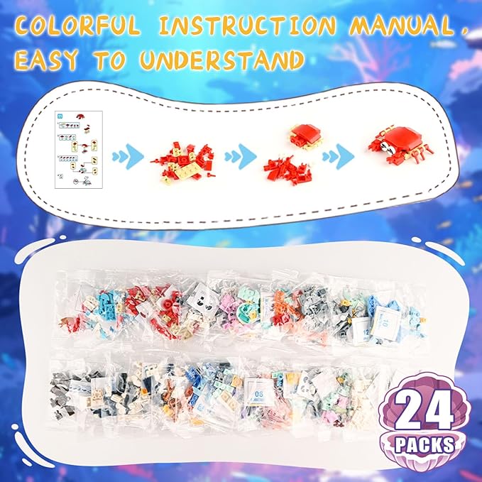 24 Packs Favors Kids Building Blocks Sea Animals Pool Party Favors Building Set for Birthday, Goodie Bag Stuffers, Classroom Prizes, Easter for Boys and Girls Ages 6-12