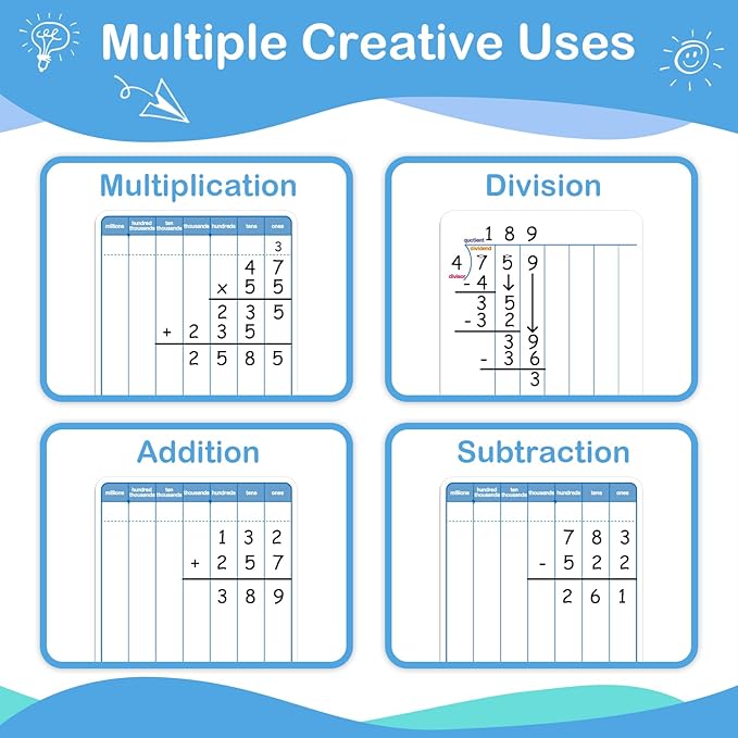 Aizweb 12 Pack Long Division Dry Erase Board Card,12" x 9" Multiplication Small Whiteboard Math Manipulatives for Kids Student Classroom Must Have Homeschool Teacher Supplies Learning Activities