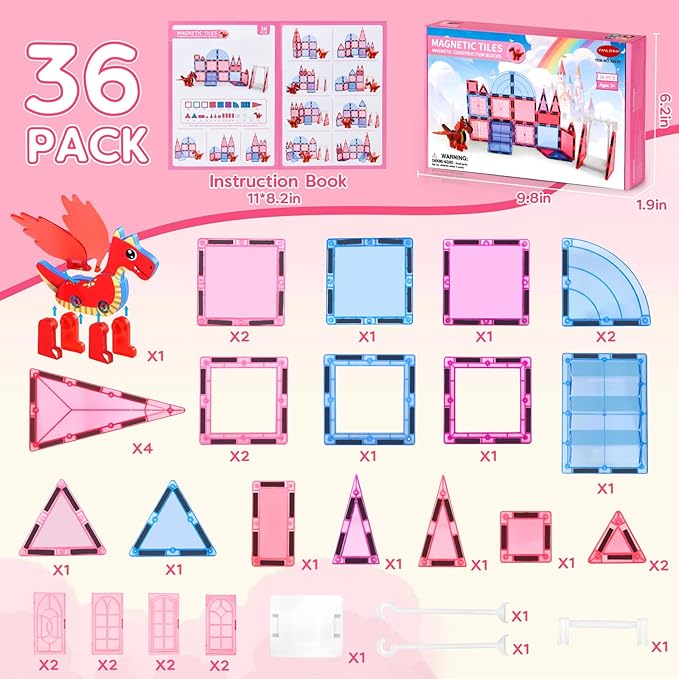 Magnetic Tiles for Kids Ages 4-8 with Dragon, 36-Piece Princess Castle Magnet Tiles for Girls, Movable Dragon Toys for 3+, Creative Magnetic Construction Building Set for Classroom, Xmas Birthday Gift