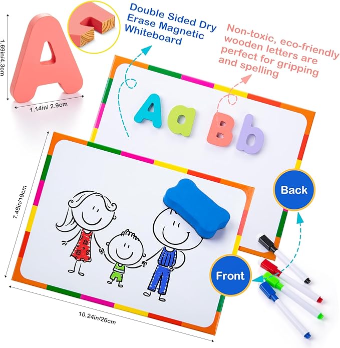 Sundaymot Magnetic Alphabet Letters Kit，310 Pcs with Magnetic Board and Organizer Bag, Upper and Lower Case Wooden Letters， Educational Toy Set for Classroom Kids Learning Spelling