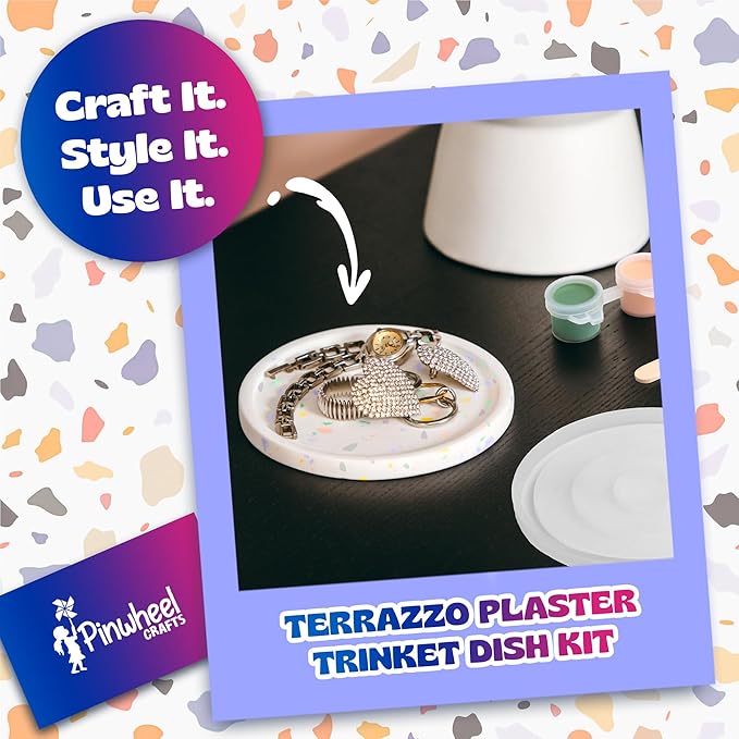 Pinwheel Crafts Terrazzo Plaster Jewelry Dish Kit - DIY Arts and Crafts Kit for Girls Ages 6-12 - Make Your Own Trinket Dish with Paint, Mold, and Plaster – Creative Birthday Gift for Kids