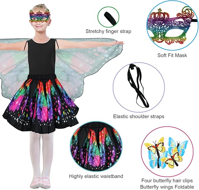 Butterfly Costume for Girls Fairy Wings Kids 4 Pcs(Cape,Skirts,Masks,Hair Clips) Butterfly Wings for Halloween Gifts