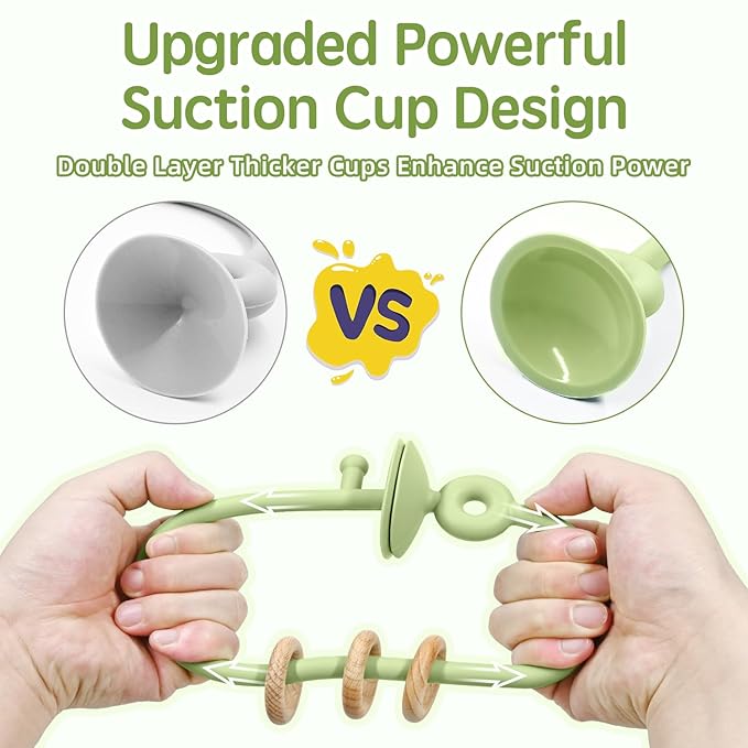 Baby Sensory High Chair Suction Toys for Infant Toddlers 6 12 18 24 Months, Food Grade Silicone String with Oak Loop Montessori Educational Baby Bath Toy Gifts (Green)