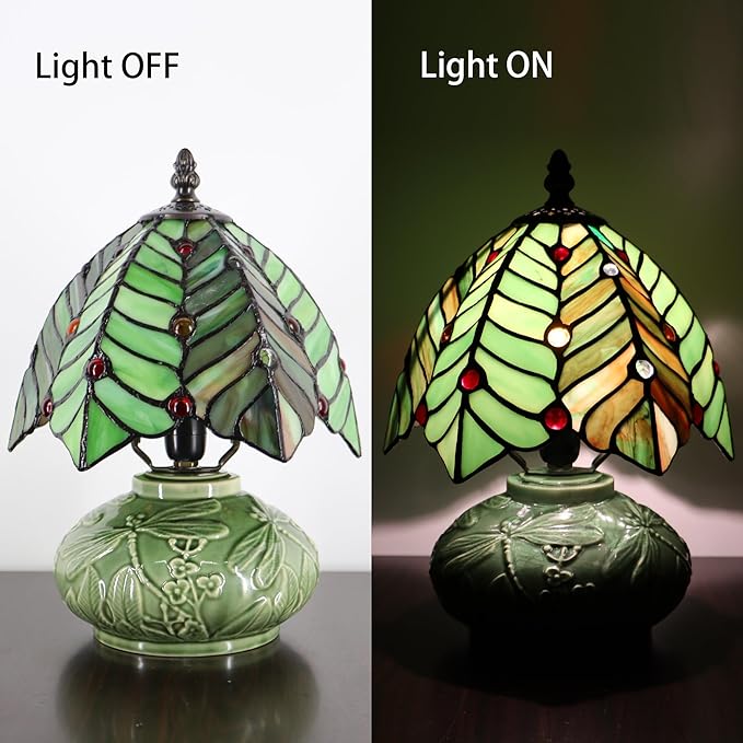 Small Tiffany Lamp Mushroom Table Lamp, Mini Stained Glass Desk Light Memory Sympathy Ceramic lamp 8X11 Inch (Brown Green Leaf)