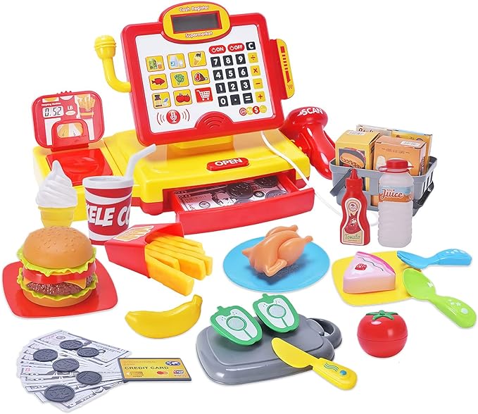 FS Pretend Play Cash Register Toy with True Barcode Scanner & Calculator, Microphone, Play Food, Supermarket Cashier, Great Pre-School Gift Cash Register for Kids Boys & Girls, Ages 3 4 5 6 8
