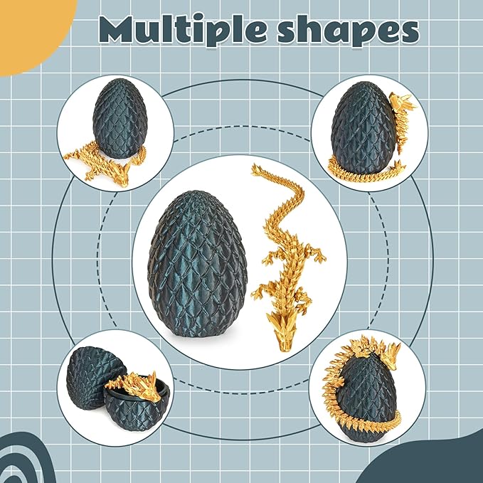 Dragon Eggs with Dragon Inside, 3D Printed Surprise Funny Gifts for Kids, Articulated Dragon Fidget Toys for Adults, Executive Desk Toys Office Room Décor (Shiny Black, M-Size)