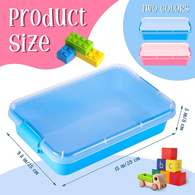2 Pcs Sensory Bins Sand Tray with Lid, 15in Stackable Leak-Proof Plastic Sensory Tray for Sand & Water Play, Portable Bin for Kids 3 4 5 6, Easy Clean, Indoor Outdoor(Pink, Blue)
