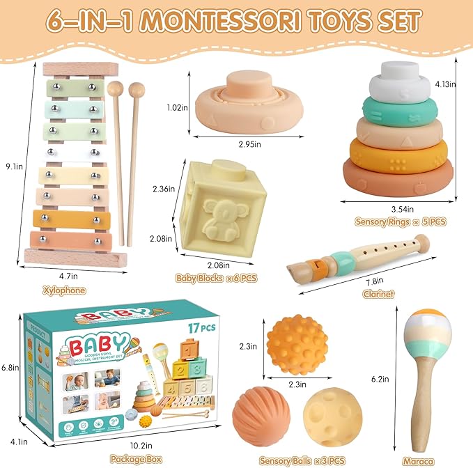 Montessori Toys for 6 Month Old 1+ Year Old 6 in 1 Musical Instruments for Toddler Stacking Blocks Development Learning Educational Toy with Wooden Xylophone for 6 7 8 9 Months Baby Birthday Gift