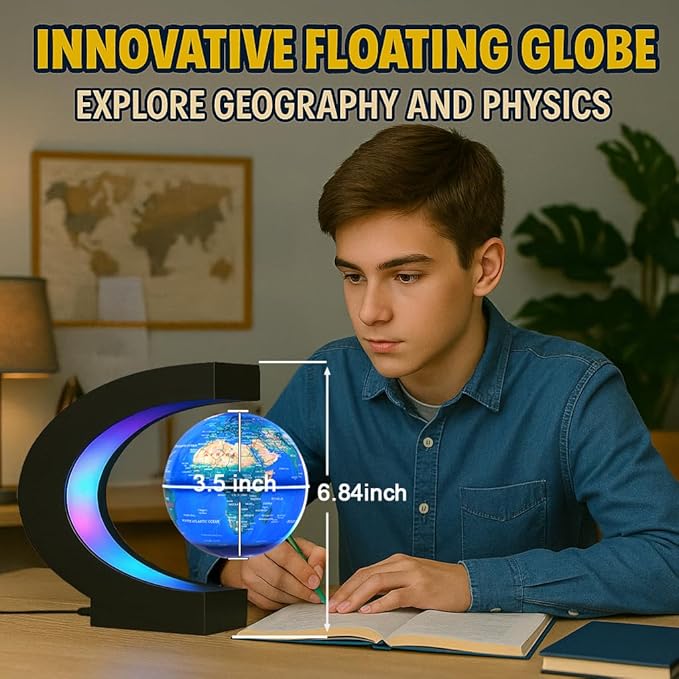 Magnetic Levitating Globe with 7-Color LED Lights, 360° Rotating Floating World Map Lamp, STEM Educational Night Light for Geography Learning, Cool Desk Decor & Unique Gift for Kids & Adults