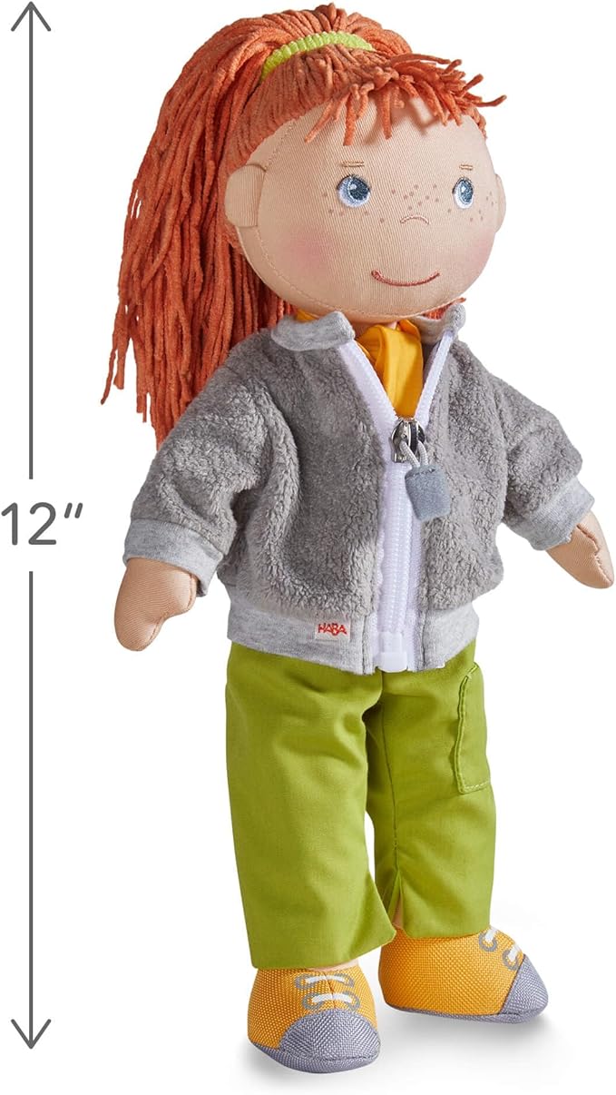 HABA 12" Soft Doll Soley with Red Hair, Outdoor Adventure Outfit and Embroidered Face, Machine Washable Baby Doll with Clothes and Baby Dolls for 18 Months and up