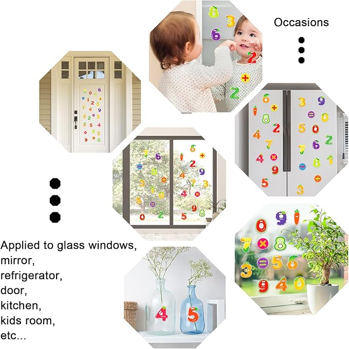 Whaline 50Pcs Number Thick Gel Clings Colorful Fruit Shaped Number 0-9 Window Gel Decals for Back to The School Math Learning Education Home Classroom Nursery Decor, 2 Sheet