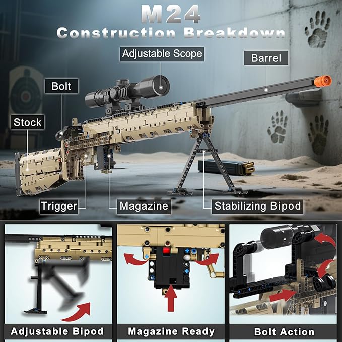 CASEIER M24 Building Blocks Gun-Sets, 1:1 Large Army Toys for Boys Adult Teen, Shootable Sniper Model Guns, Cool Birthday Gifts for Men Kids, Collectible Block Weapon for Military Fan 1380 PCS