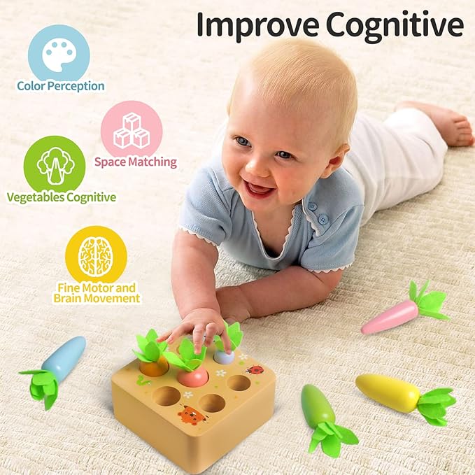 Skrtuan Wooden Toys for 3 Year Old Toddlers Baby Boys and Girls, Montessori Toy Carrot Harvest Game Shape & Sorting Matching Puzzle, Educational Developmental Birthday Gifts for Babies