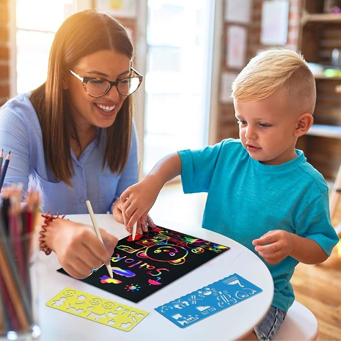 RMJOY Rainbow Scratch Paper Art for Kids: 60PCS Magic Arts Crafts Gifts Toys for Girls Boys Ages 4 5 6 7 8 9 Games Activities for Birthday Family Fathers Day Christmas Stocking Stuffers Easter(Boys)