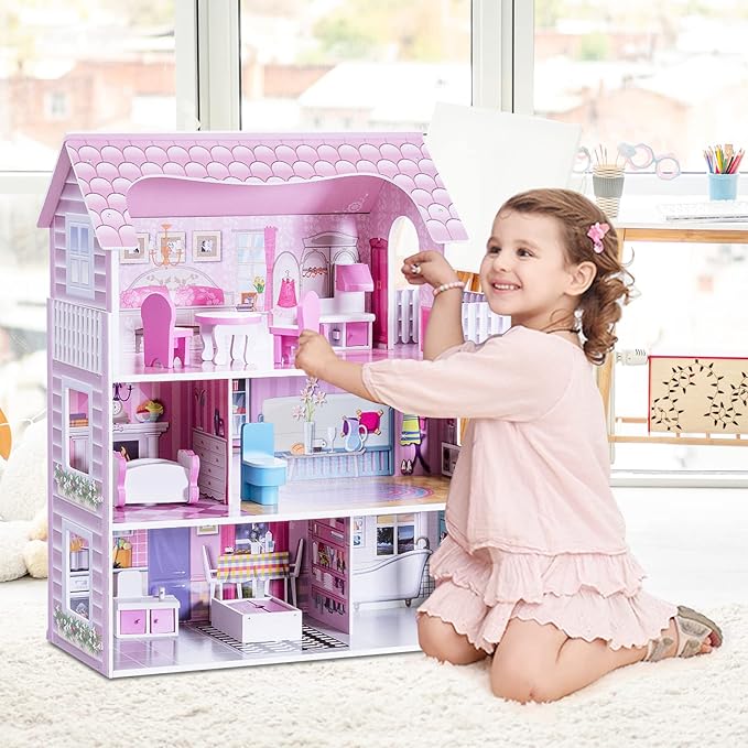 Costzon Wooden Dollhouse for Kids, 3-Story Semi-Open Doll House with 5 Rooms & 8 Pieces Furniture Accessories, Balcony, Preschool DIY Pretend Play Dollhouse Toy, Gift for Girls & Boys Ages 3+